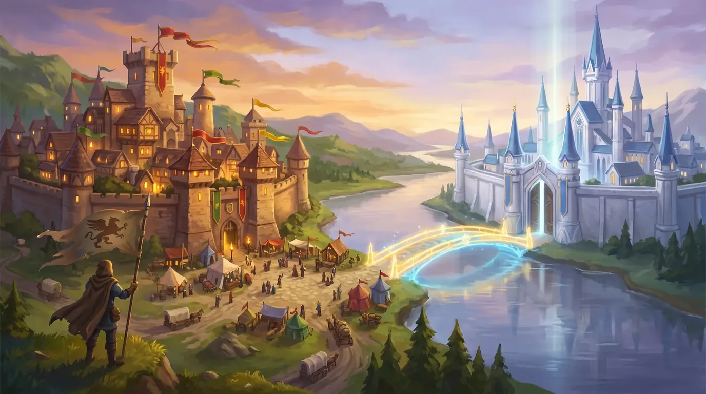 Illustration: Zarhold’s two worlds — an old fortress and a shining castle across the river