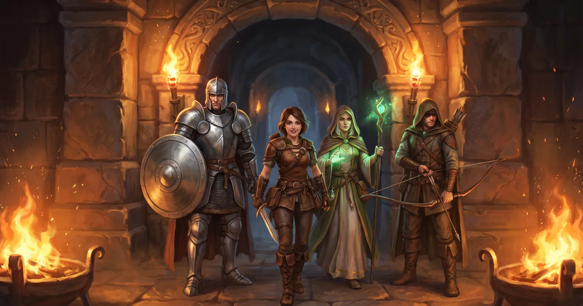 Illustration: a heroine at a dungeon entrance with three companions — a knight with a shield, a healer and an archer