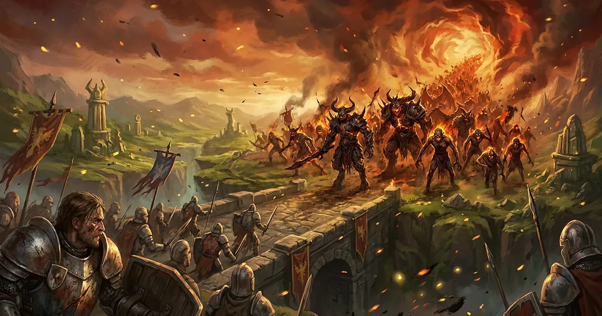 Illustration: two armies clash on a green field under a burning sky, knights with banners in front