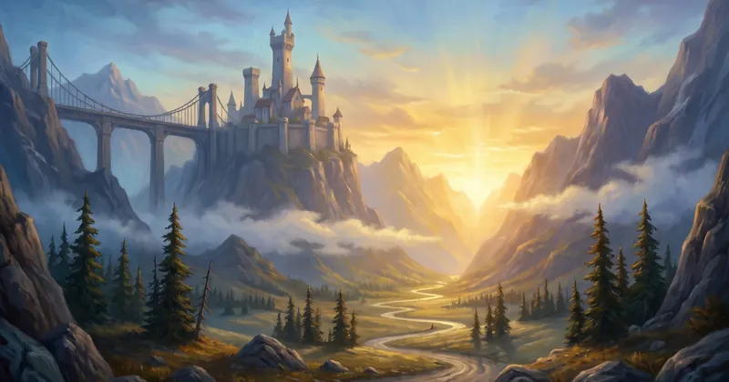 Illustration: a castle on a cliff above a misty valley at sunrise