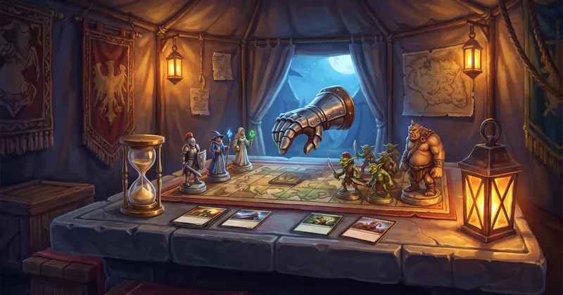 Illustration: a commander’s table in a war tent with hero miniatures, an hourglass and cards