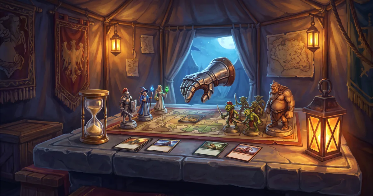 Illustration: a commander’s table in a war tent with hero miniatures, an hourglass and cards