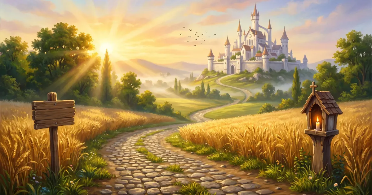 Illustration: a cobbled road through golden fields leads to a white castle on a hill, a signpost and a lantern by the roadside