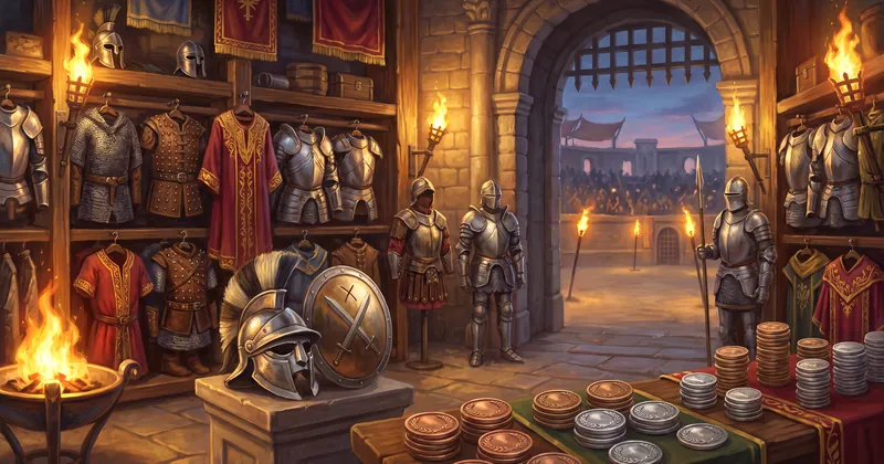 Illustration: an arena armory with armour on racks, a gladiator helmet and stacks of medallions
