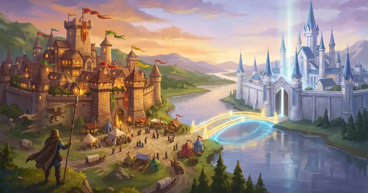 Illustration: two castles on the banks of a river joined by a glowing bridge, a busy camp at their feet