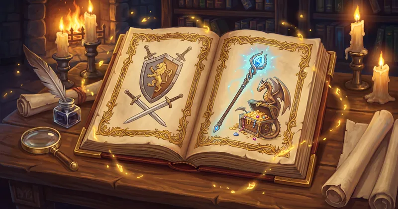 Illustration: an old book with drawings of a shield, a healer’s staff and crossed swords on a scholar’s desk