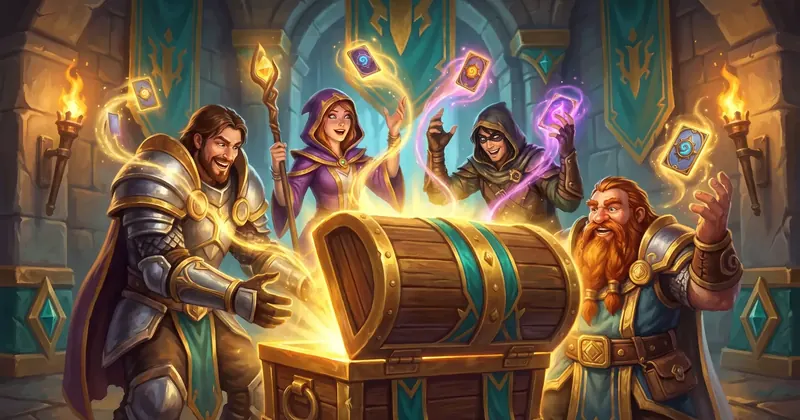 Illustration: a party of heroes opens a loot chest with glowing cards flying out of it