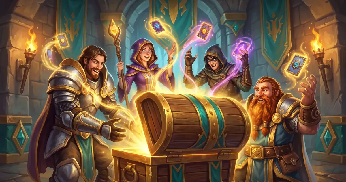 Illustration: a party of heroes opens a loot chest with glowing cards flying out of it
