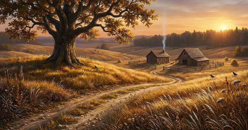 Illustration: an old oak by a country road at sunset, with village houses and chimney smoke in the distance