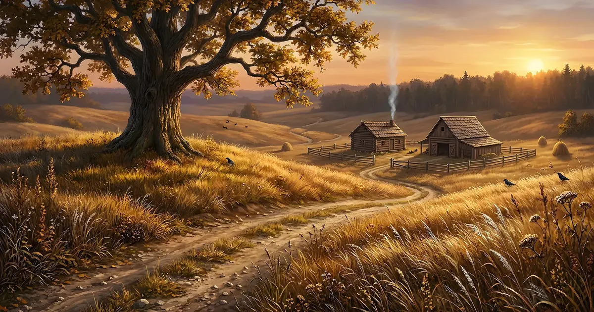 Illustration: an old oak by a country road at sunset, with village houses and chimney smoke in the distance