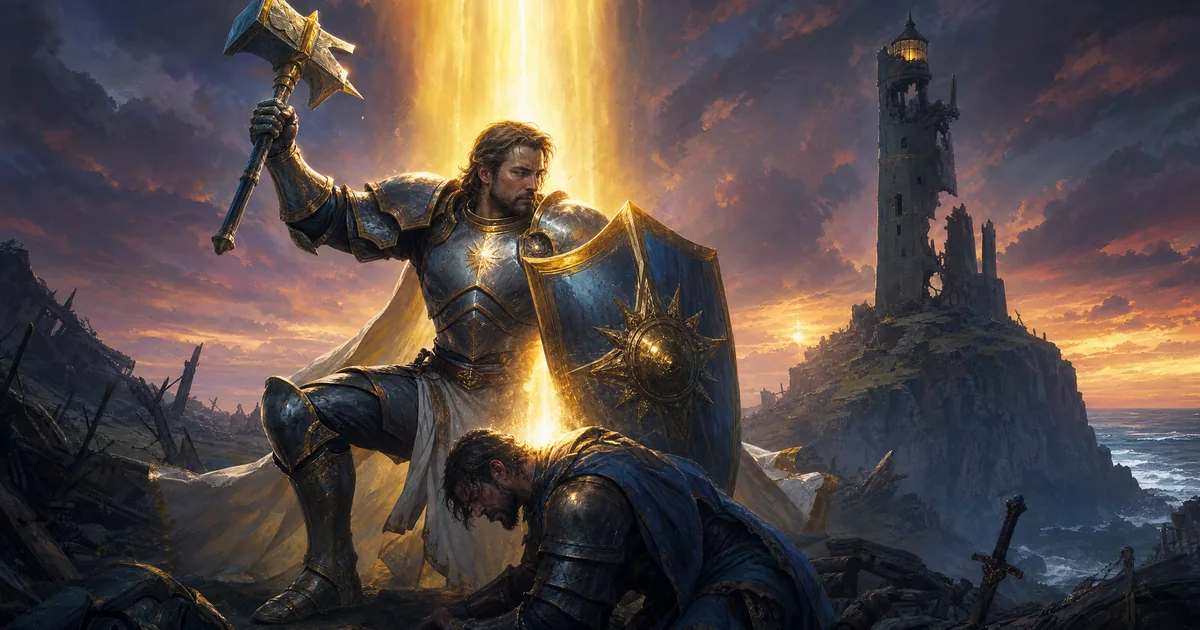 Illustration: a Lightbringer in silver and gold plate with a shield and hammer heals a wounded ally under a pillar of light, a ruined lighthouse behind
