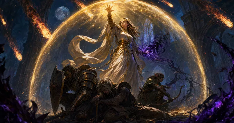 Illustration: a priestess in white and gold robes raises a dome of light over her companions as dark magic curls from her other hand