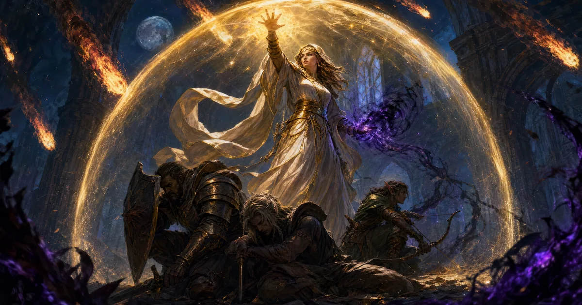 Illustration: a priestess in white and gold robes raises a dome of light over her companions as dark magic curls from her other hand