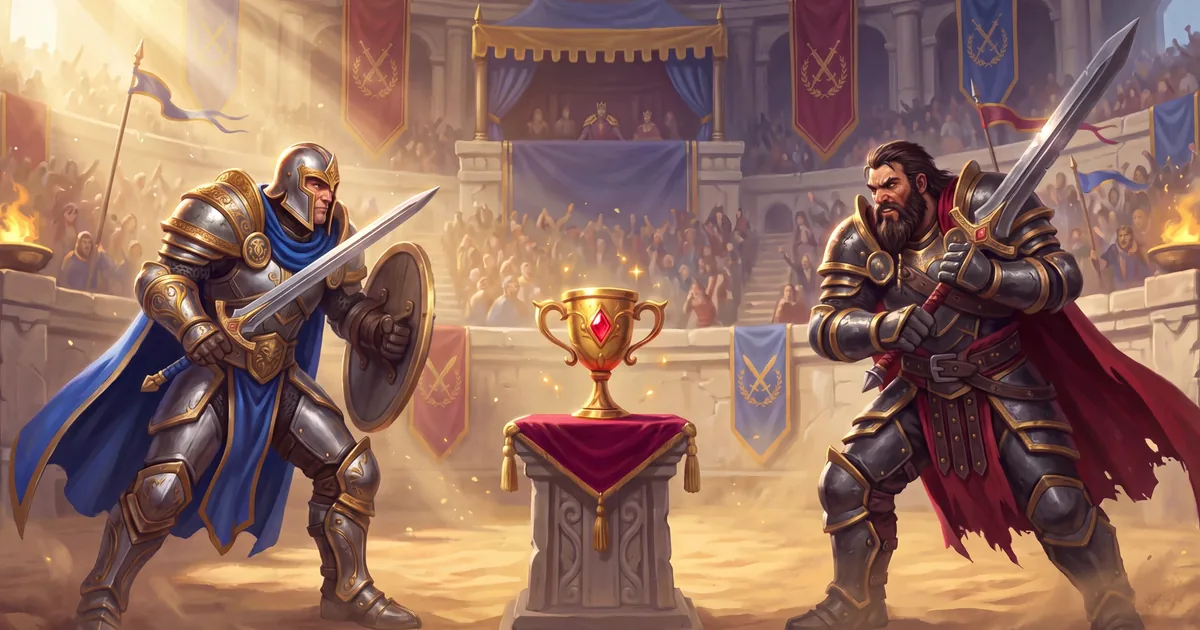 Two knights before a trophy in the tournament arena — art of the First Tournament of Zarhold