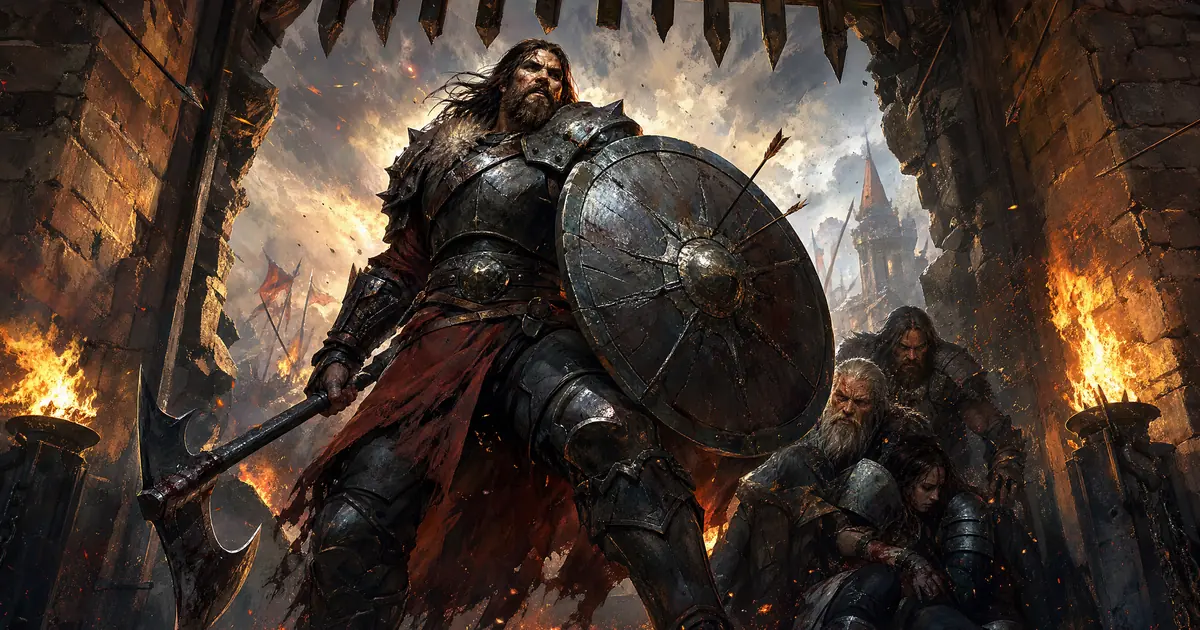 Illustration: a Barbarian in plate with a shield and an axe shields wounded allies in a breached fortress gate