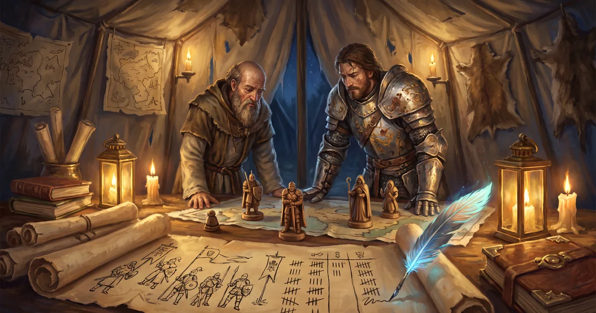 Illustration: a chronicler and a knight study a battle record on a parchment by candlelight