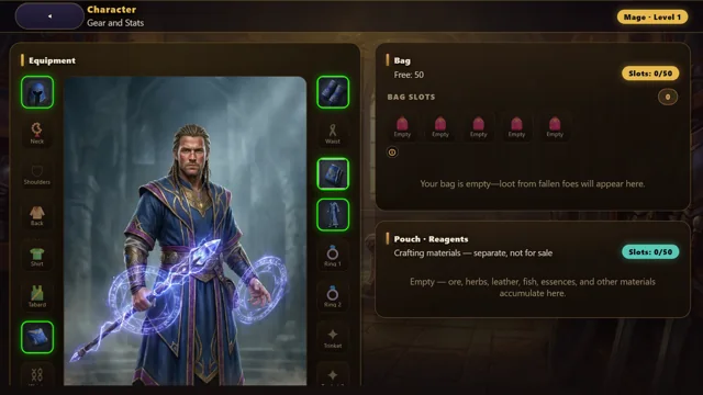 Character sheet: gear, bag and reagent pouch